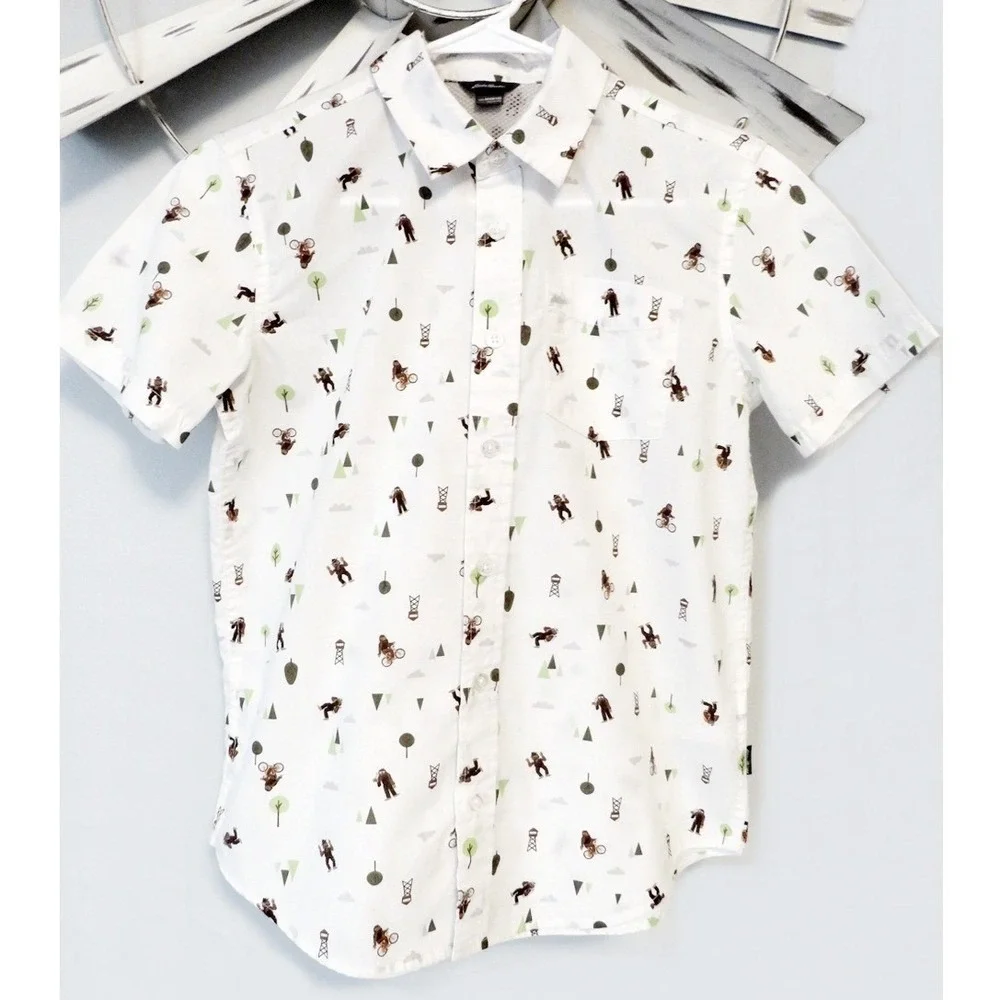 Eddie Bauer Boys M 10/12 Button Down Outdoor‎ Adventure Print Short Sleeve